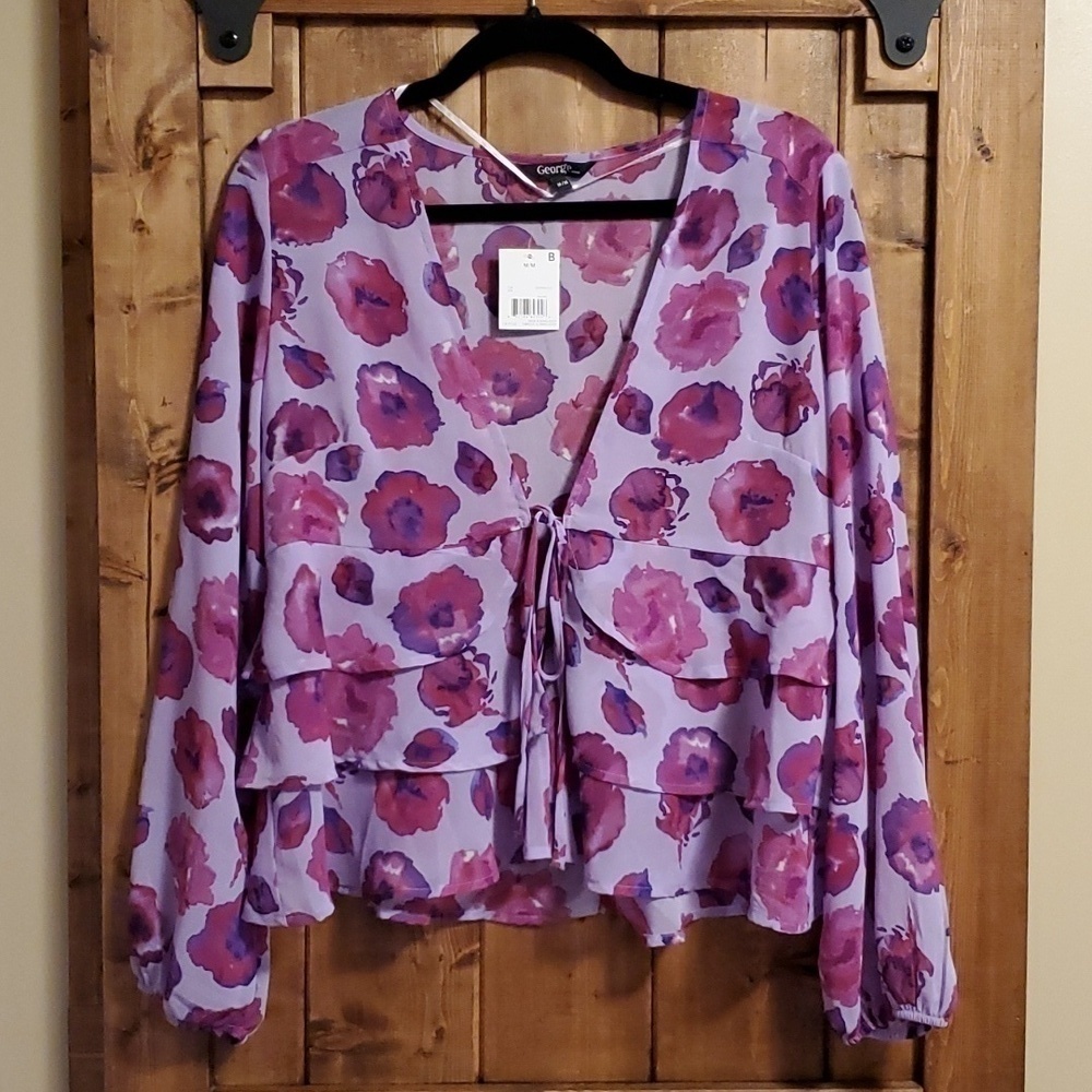 GEORGE Purple Red Floral Ruffled Sheer Blouse Size M